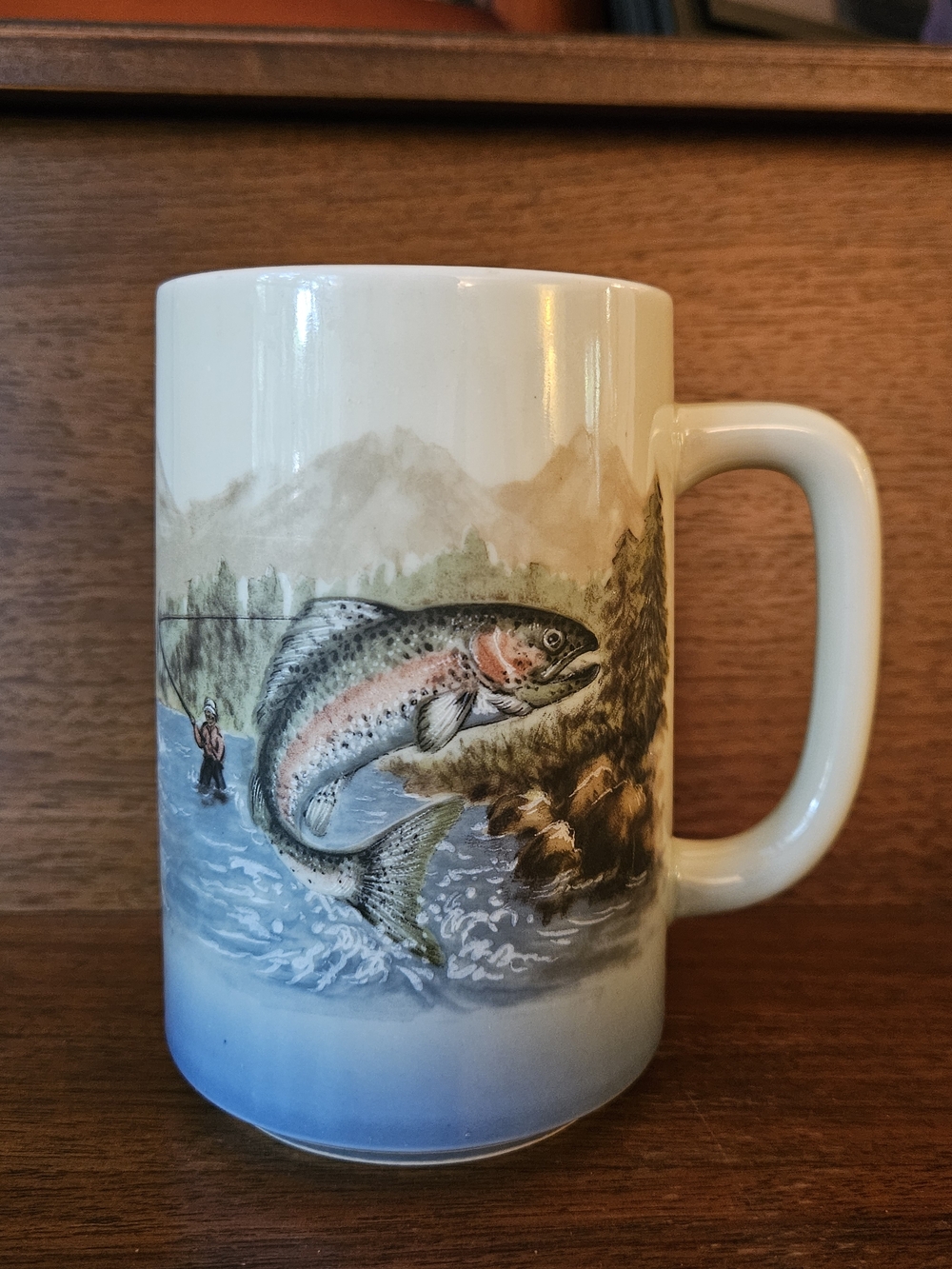 Vintage 1980s Otagiri Rainbow Trout Fly Fishing Coffee Mug